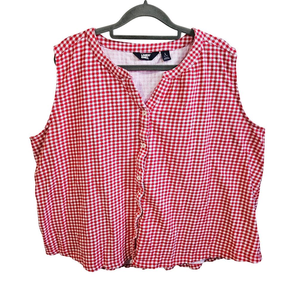 Lands End Size L Sleeveless Button Down Red White Gingham Checker Cottage Picnic
